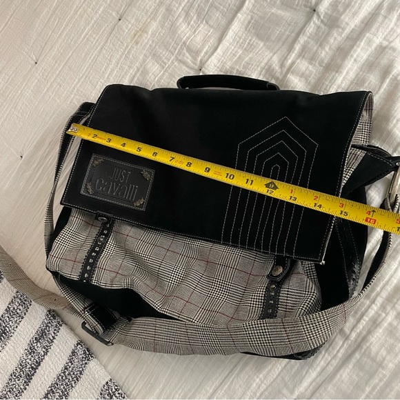 Roberto Cavalli Just Cavalli large laptop briefcase messenger bag black plaid - Picture 12 of 16